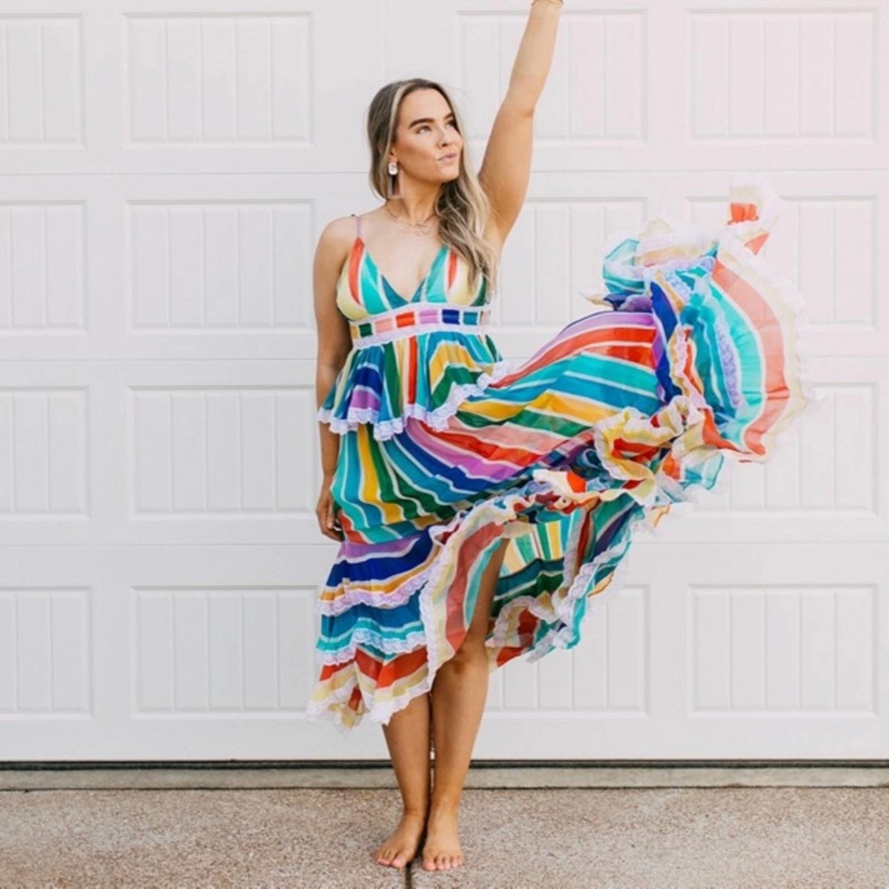 Rococo Sand Striped Rainbow Colorful Ruffled Maxi Dress Size Medium